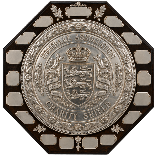 Early FA Charity Shield with wooden mount and silver relief (1908–1964)